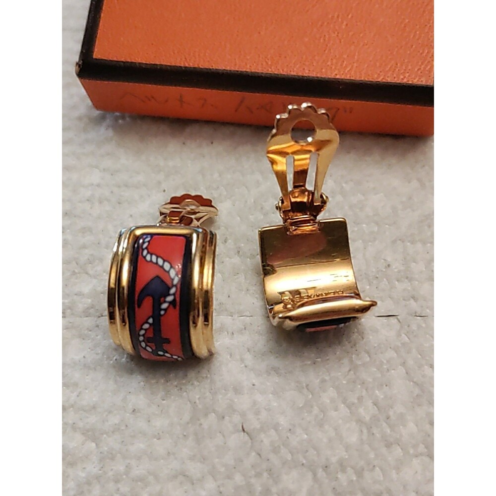 Hermes Nautical Clip On Earrings Gold Plated Cloisonne & Enamel Vintage - Picture 4 of 5